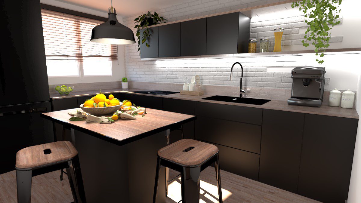 Image montrant une cuisine industrielle modélisée en 3D en rendu réaliste vue 2