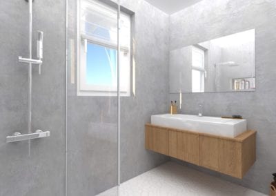 Image montrant une salle de bain déco brut modélisée en 3D en rendu réaliste vue 1