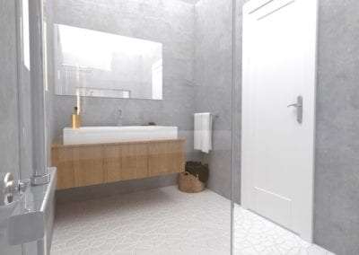 Image montrant une salle de bain déco brut modélisée en 3D en rendu réaliste vue 2