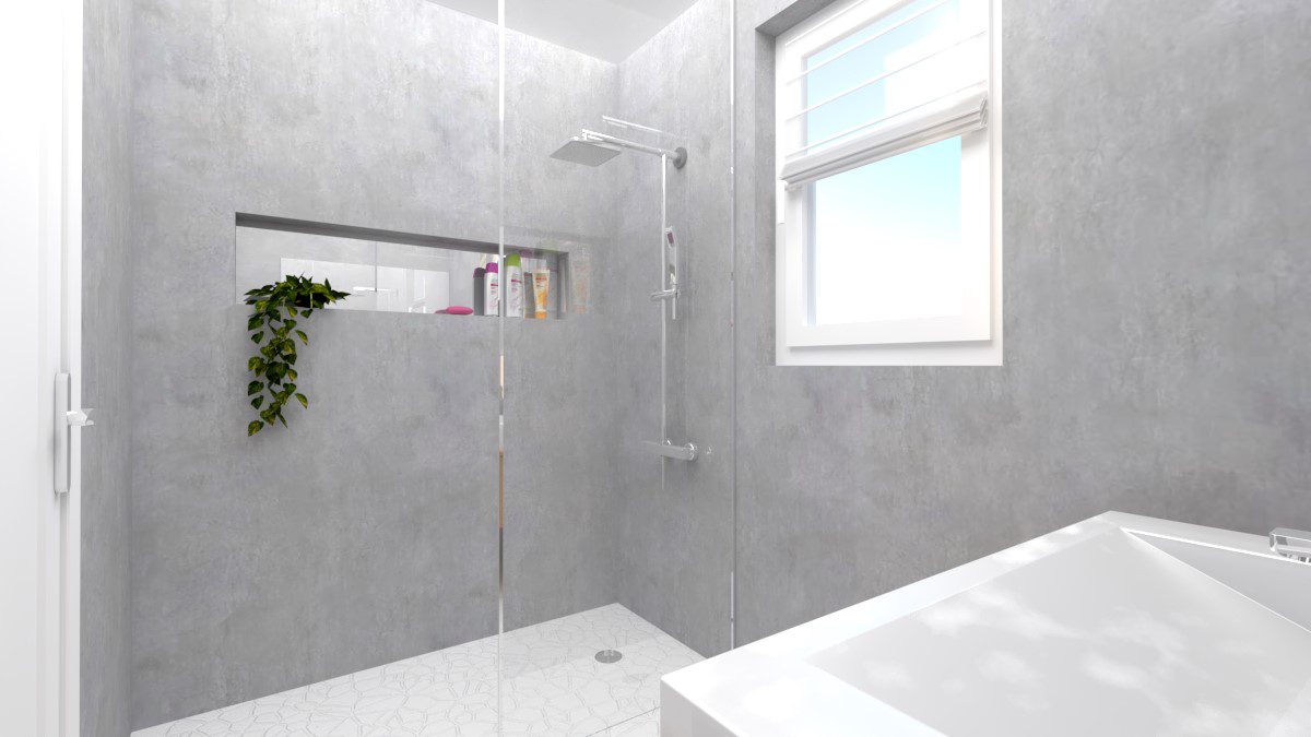 Image montrant une salle de bain déco brut modélisée en 3D en rendu réaliste vue 3