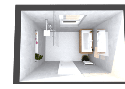 Image montrant une salle de bain déco brut modélisée en 3D en rendu réaliste vue de haut