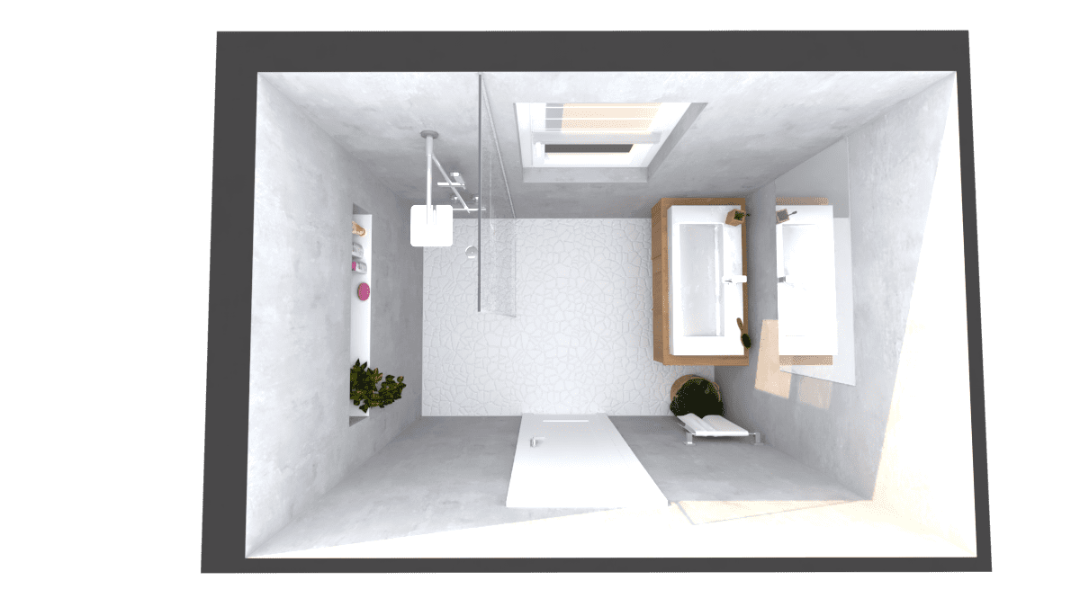Image montrant une salle de bain déco brut modélisée en 3D en rendu réaliste vue de haut
