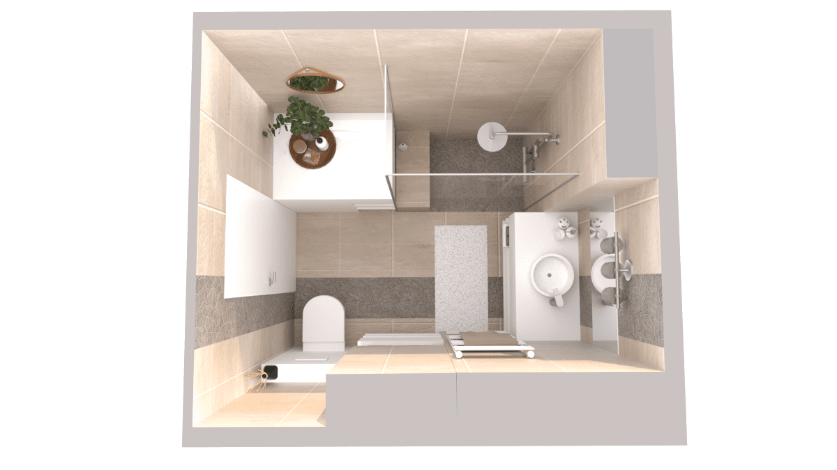Image montrant une salle de bain-toilettes modélisée en 3D en rendu réaliste vue de haut