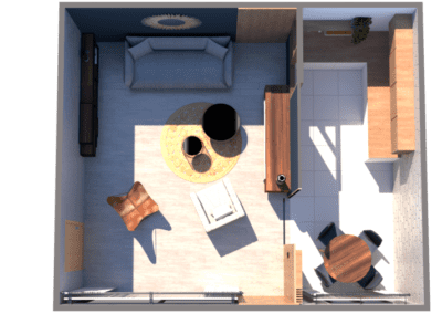 Image montrant la modélisation 3D en rendu réaliste d'un salon avec cuisine semi ouverte