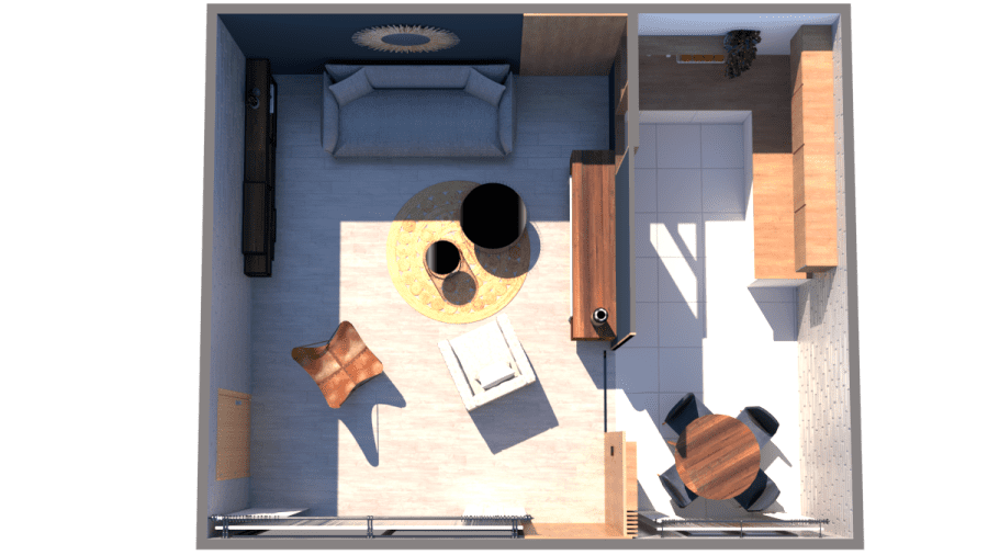 Image montrant la modélisation 3D en rendu réaliste d'un salon avec cuisine semi ouverte