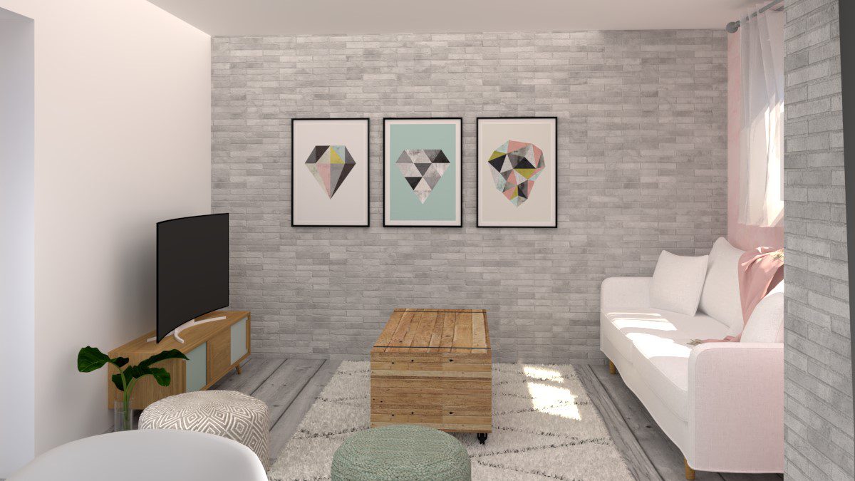 Image montrant un salon modélisée en 3D en rendu réaliste vue 2