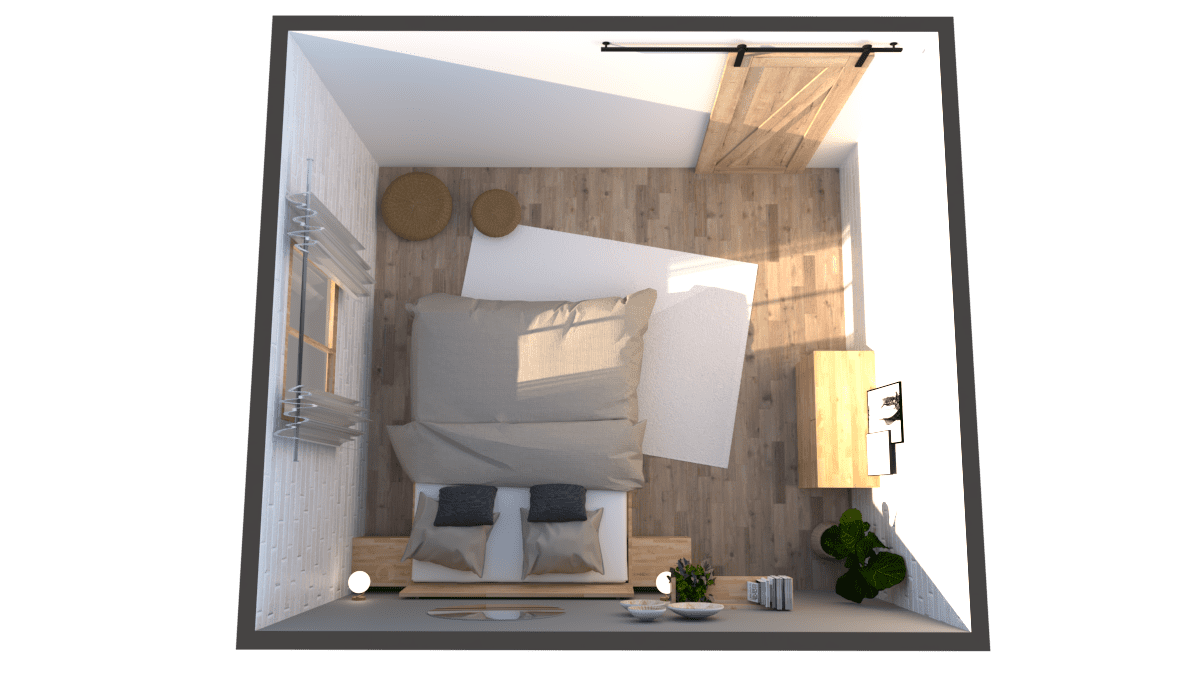 Image qui montre une chambre modélisée en 3D avec des meubles éco-responsables vu de haut