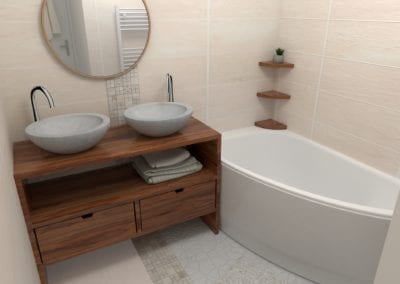 Image montrant la modélisation d'une toute petite salle de bain dans una ambiance zen