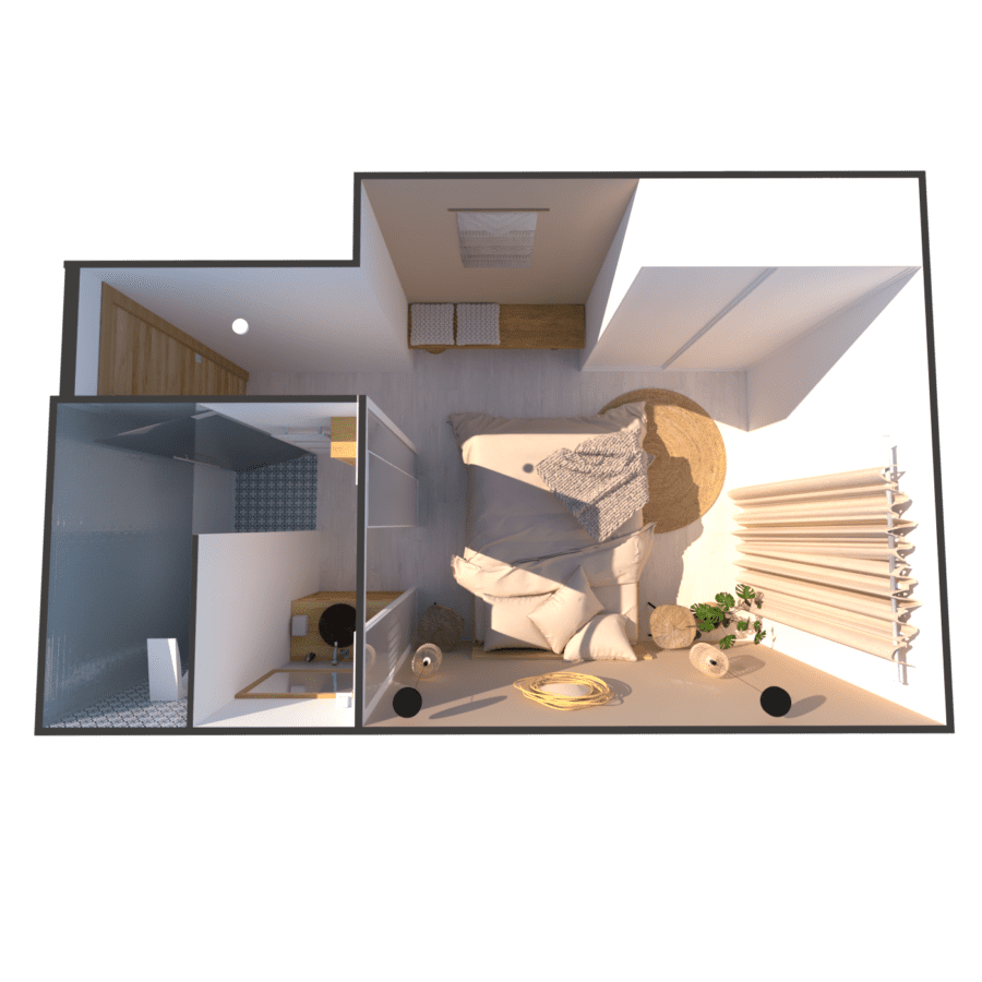 Image montrant une vue de haut d'une chambre bohème chic modélisée en 3D pour de la décoration intérieure