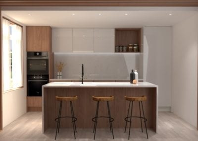 Image montrant la modélisation 3D d'une cuisine en marbre et bois
