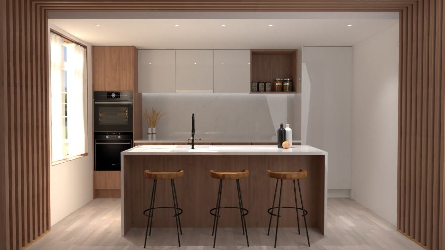 Image montrant la modélisation 3D d'une cuisine en marbre et bois