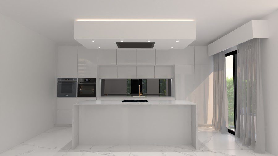 Image montrant une modélisation 3D d'une cuisine blanche laquée