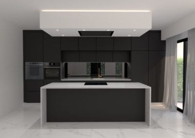 Image montrant une modélisation 3D d'une cuisine noire mate