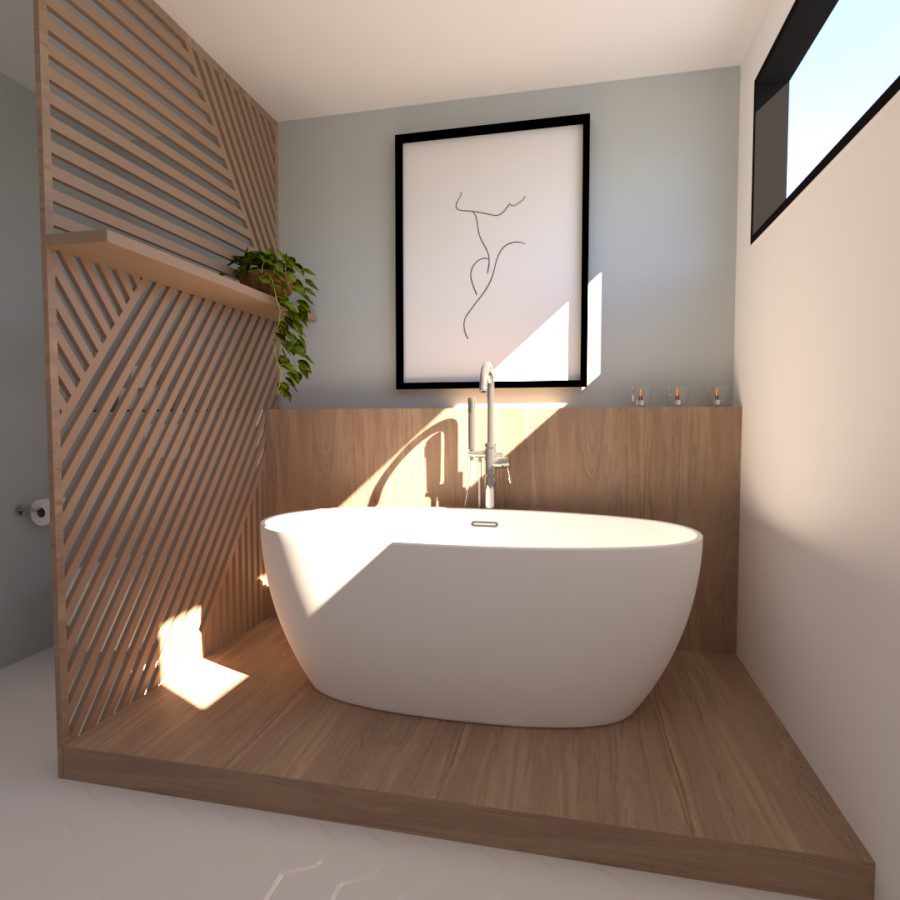 Image montrant une modélisation 3D d'une salle de bain avec toilettes