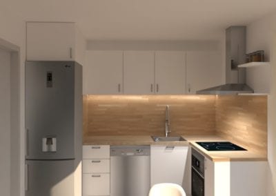 Image montrant la modélisation 3D d'un salon cuisine salle à manger