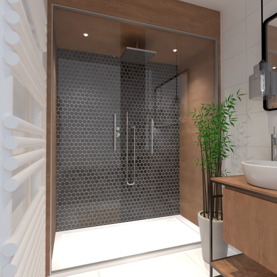 Image montrant une décoration intérieure de salle de bain après en 3D