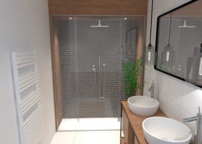 Image montrant une décoration intérieure de salle de bain après en 3D