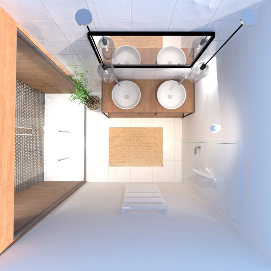 Image montrant une décoration intérieure de salle de bain après en 3D vue d'en haut
