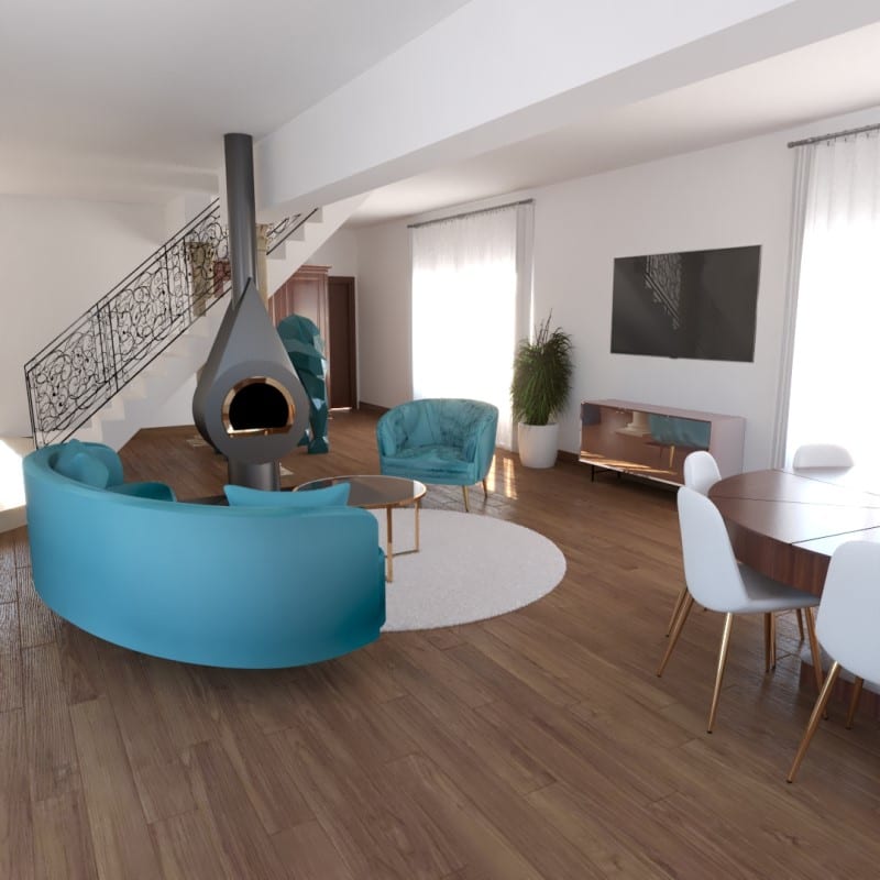 image montrant la réalisation de modélisation 3D d'un salon pour un projet de décoration intérieure