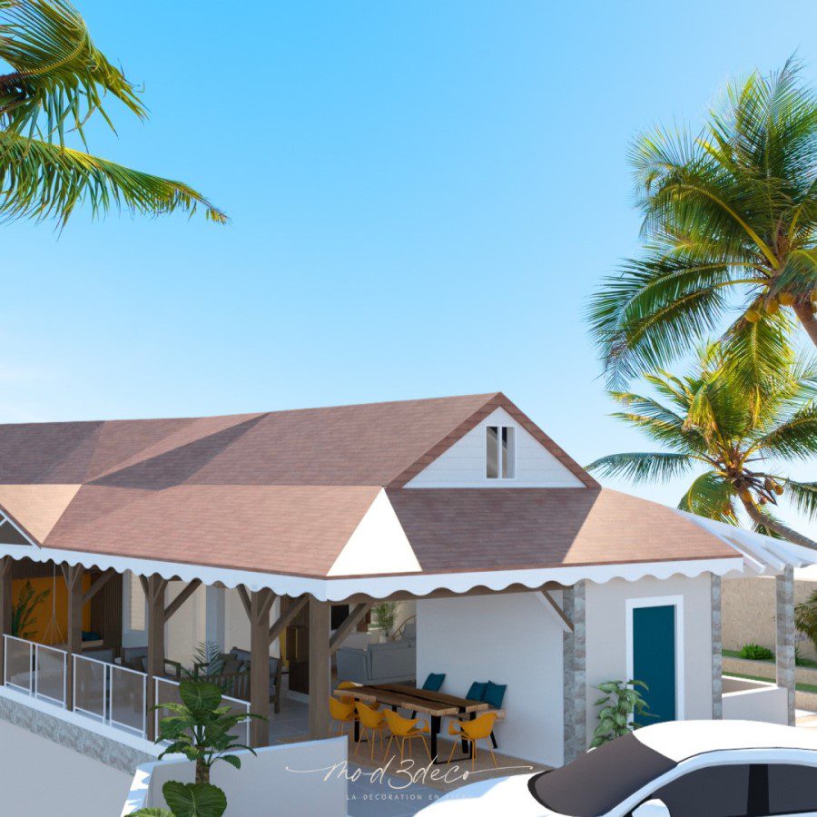 Projection 3D d'une maison en Martinique pour un projet de décoration extérieure