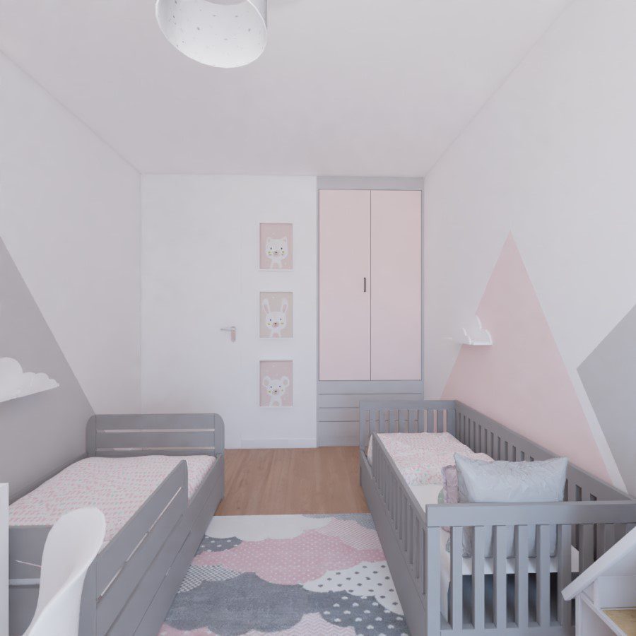 Projection 3D d'une chambre d'enfants pour deux petites filles