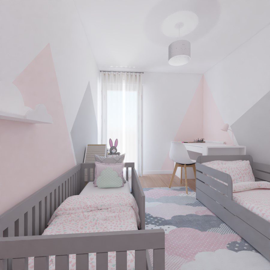 Projection 3D d'une chambre d'enfants pour deux petites filles