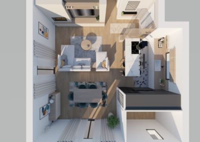 Projection 3D d'une pièce de vie d'une maison en construction