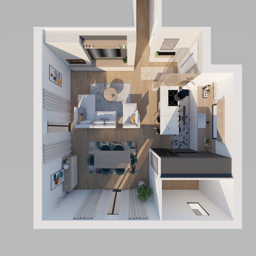 Projection 3D d'une pièce de vie d'une maison en construction