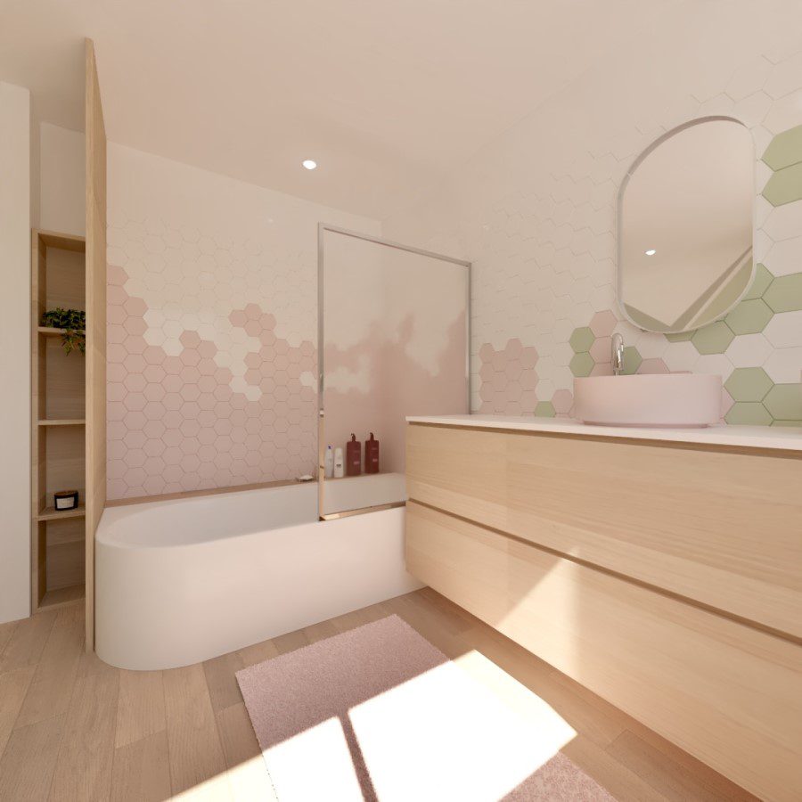 Projection 3D d'une salle de bain pour une maison neuve