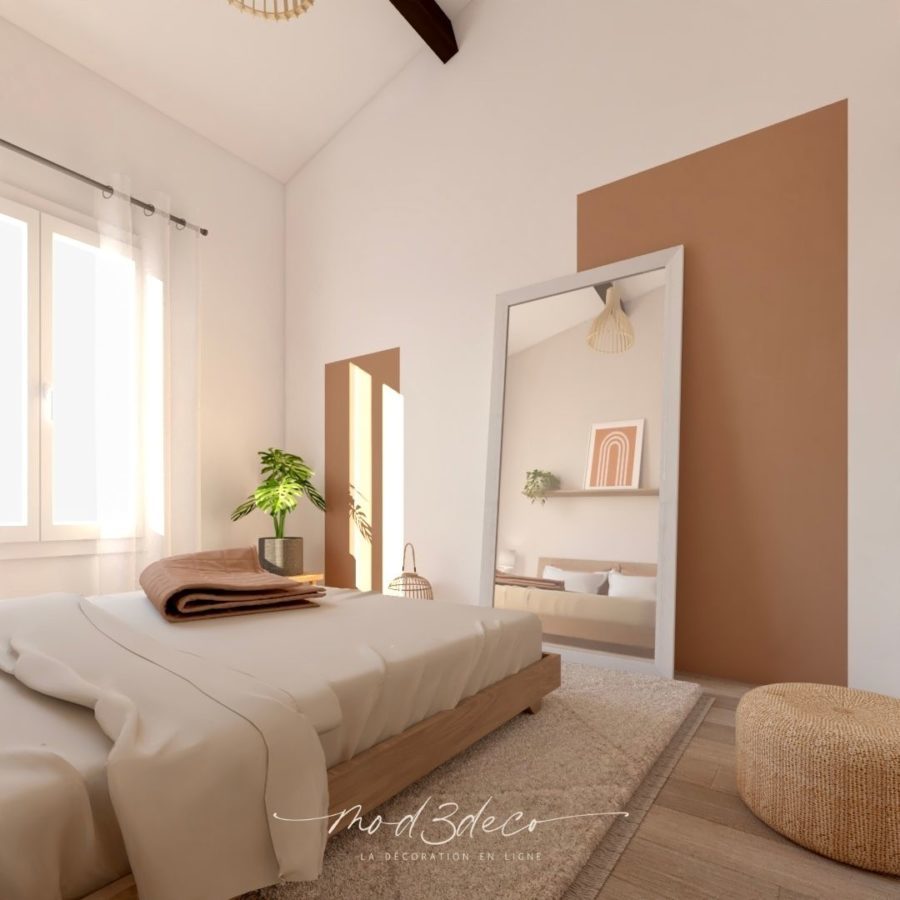 Image d'un projet 3D de chambre pour un projet de décoration d'intérieur douce et cosy