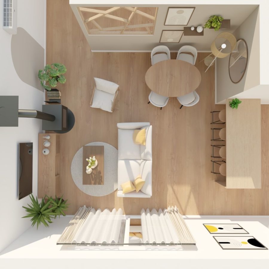 Vue du dessus d'une réalisation 3D d'un salon et salle à manger