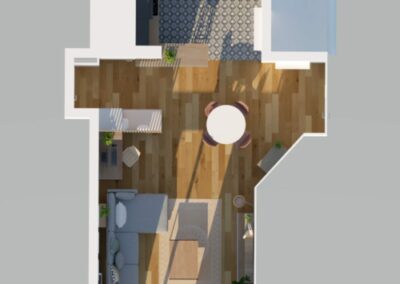 Image d'une vue du dessus d'une pièce de vie d'un projet de décoration réalisé en 3D