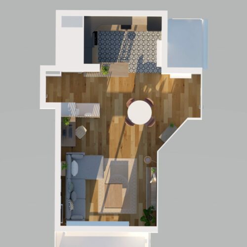 Image d'une vue du dessus d'une pièce de vie d'un projet de décoration réalisé en 3D